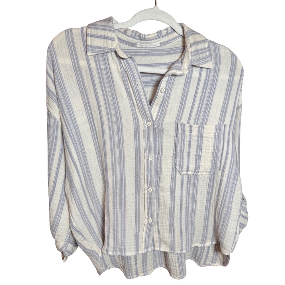 Becool Womens Blue White Striped 100% Cotton Gauze Button Down Shirt S/M
